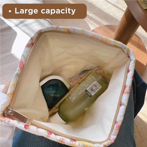 Sminra Floral Makeup Bag Large Cotton Quilted Cosmetic Makeup Bag Organizer, Aesthetic Portable Pouch Purse Toiletry Bag for Women Girls Travel accessories (Beige Floral-L) - Image 5