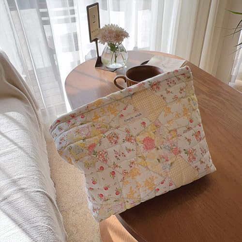 Sminra Floral Makeup Bag Large Cotton Quilted Cosmetic Makeup Bag Organizer, Aesthetic Portable Pouch Purse Toiletry Bag for Women Girls Travel accessories (Beige Floral-L) - Image 4