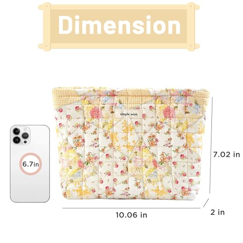 Sminra Floral Makeup Bag Large Cotton Quilted Cosmetic Makeup Bag Organizer, Aesthetic Portable Pouch Purse Toiletry Bag for Women Girls Travel accessories (Beige Floral-L) - Image 3