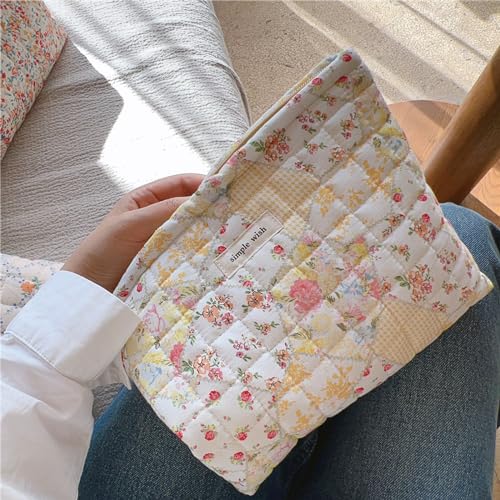 Sminra Floral Makeup Bag Large Cotton Quilted Cosmetic Makeup Bag Organizer, Aesthetic Portable Pouch Purse Toiletry Bag for Women Girls Travel accessories (Beige Floral-L) - Image 2