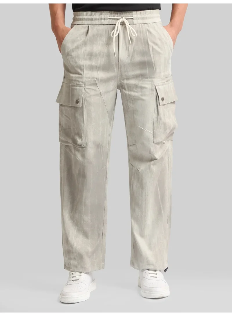 مانياك Maniac Mens AOP Printed Grey Cotton Blend Baggy Cargo Pant