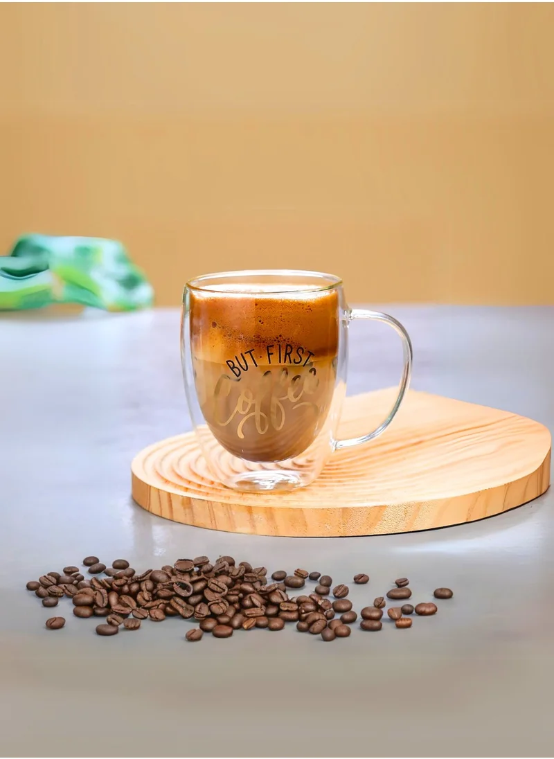1Chase Borosilicate But First Coffee Printed Double Wall Glass with Handle and Straw 350 ML (Set of 2)