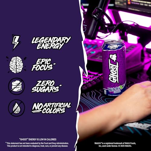 GHOST Energy Drink - 12-Pack, Welch's Grape, 16oz Cans - Energy & Focus & No Artificial Colors - 200mg of Natural Caffeine, L-Carnitine & Taurine - Gluten-Free & Vegan - Image 4