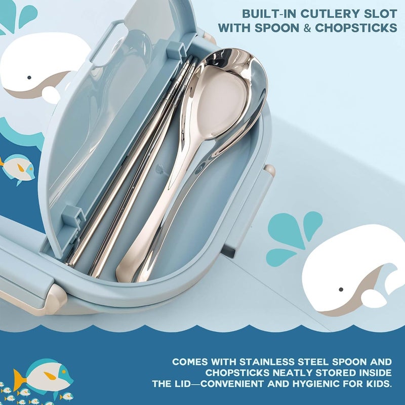 S2C Stainless Steel Kids Lunch Box | Bento-Style Tiffin with Leak-Proof Lid & Insulated Bag | Cute Designs for School & Travel | Large 1600ML Capacity (BLUE WHALE, 2 COMPARTMENT) - Image 2