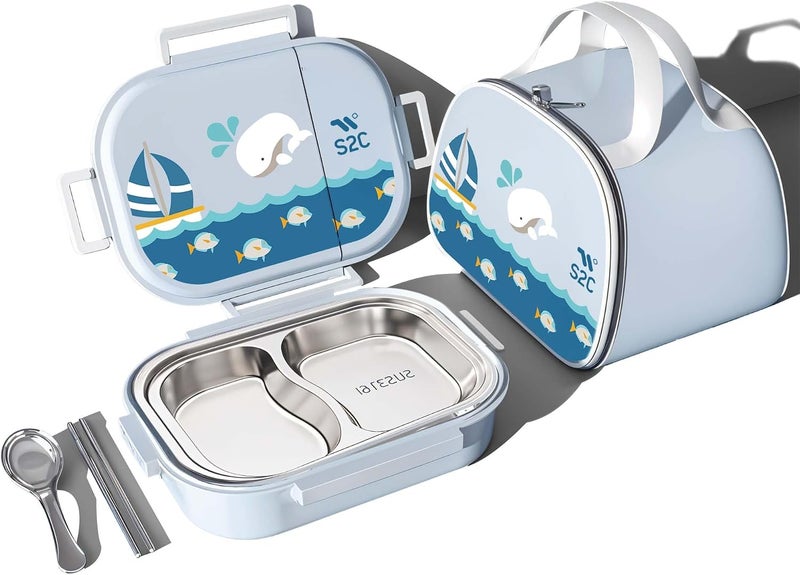 S2C Stainless Steel Kids Lunch Box | Bento-Style Tiffin with Leak-Proof Lid & Insulated Bag | Cute Designs for School & Travel | Large 1600ML Capacity (BLUE WHALE, 2 COMPARTMENT) - Image 1