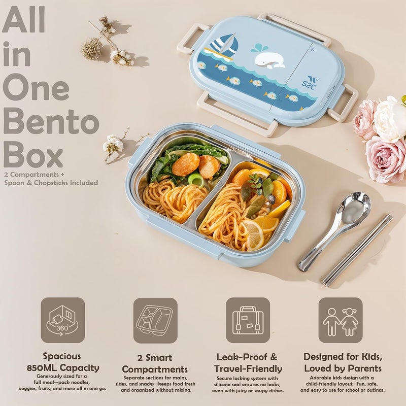 S2C Stainless Steel Kids Lunch Box | Bento-Style Tiffin with Leak-Proof Lid & Insulated Bag | Cute Designs for School & Travel | Large 1600ML Capacity (BLUE WHALE, 2 COMPARTMENT) - Image 5