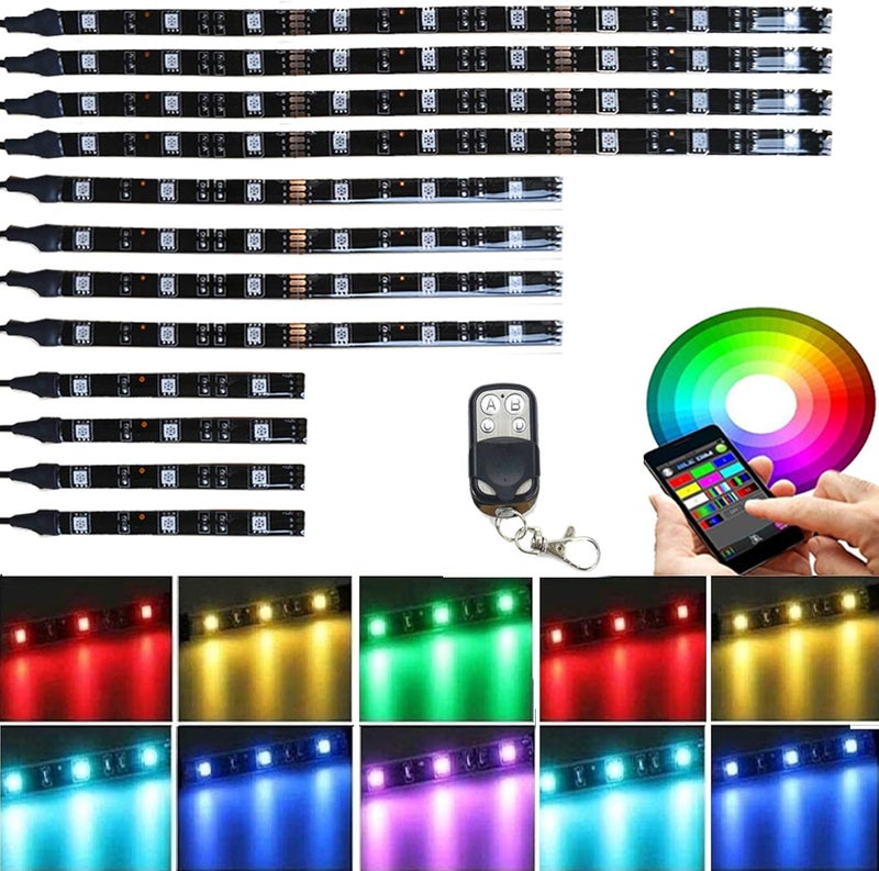 نبودي 12 قطعة من أضواء LED للدراجات النارية RGB مع تحكم لاسلكي عن بعد وتطبيق، مرنة ومقاومة للماء، مجموعة أضواء نيون تحت السيارة، تعمل بجهد 12 فولت تيار مستمر، مناسبة للدراجات النارية والسيارات وسيارات الدفع الرباعي وعربات الغولف ومركبات ATV وUTV - Image 1