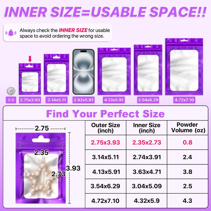 ANZNKU 100 Pieces Resealable Mylar Bags with Zipper and Frosted Clear Window Smell Proof Packaging Bags Foil Pouch Zipper Bag for Food Self Sealing Storage Supplies (Purple, 2.75Ã—3.93 inches) - Image 2