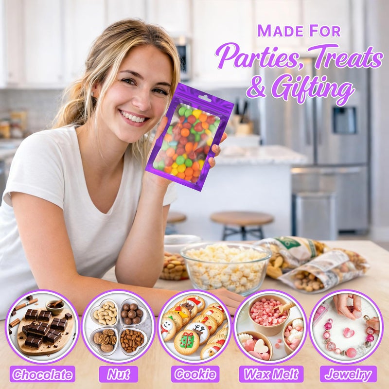 ANZNKU 100 Pieces Resealable Mylar Bags with Zipper and Frosted Clear Window Smell Proof Packaging Bags Foil Pouch Zipper Bag for Food Self Sealing Storage Supplies (Purple, 2.75Ã—3.93 inches) - Image 4