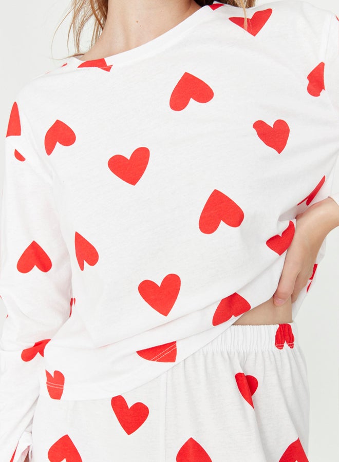 trendyol White 100% Cotton Heart Knitted Pajama Set - Image 4