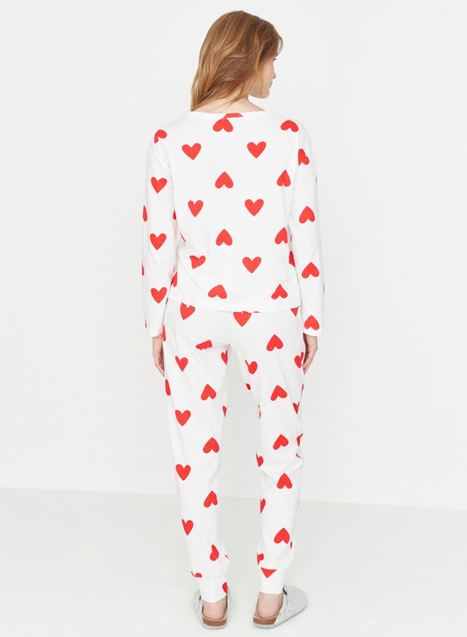 trendyol White 100% Cotton Heart Knitted Pajama Set - Image 5