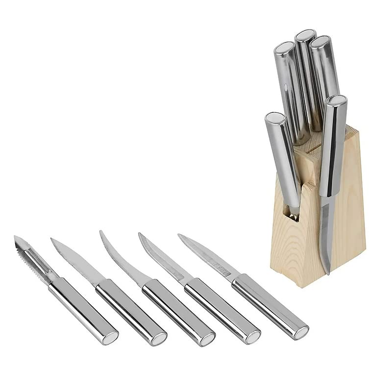 SIMKA Stainless Steel Knife Peeler Set with Wooden Stand 6 Pcs 4 Sharp Knives 1 Peeler 1 Wooden Holder Wood Steel Colors Kitchen Knife Set with Holder - Image 1