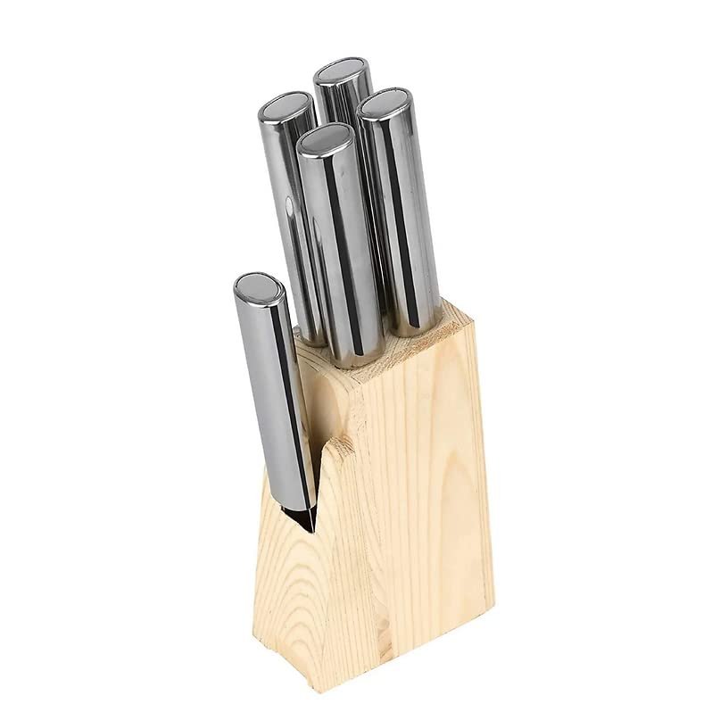 SIMKA Stainless Steel Knife Peeler Set with Wooden Stand 6 Pcs 4 Sharp Knives 1 Peeler 1 Wooden Holder Wood Steel Colors Kitchen Knife Set with Holder - Image 4