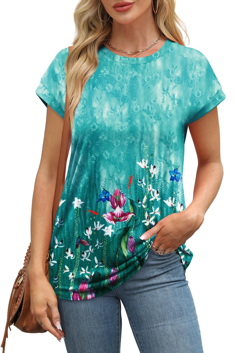 Alaroo Green Tops for Women Round Neck Shirts Short Sleeve Summer Tops Print 15 L - Image 2