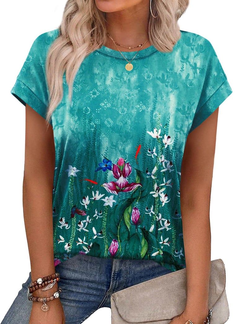 Alaroo Green Tops for Women Round Neck Shirts Short Sleeve Summer Tops Print 15 L - Image 1