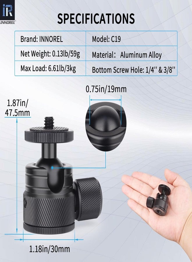 INNOREL Mini Ball Head- C19 Mount Tripod Head-CNC Metal Low Profile Ballhead 360° Pan 90° Tilt Tripods Mount with 3/8" to 1/4" Adapter Ballheads, Max Load 6.61 lb/3kg for Phone/DLSR Camera/Mini Holder - Image 2