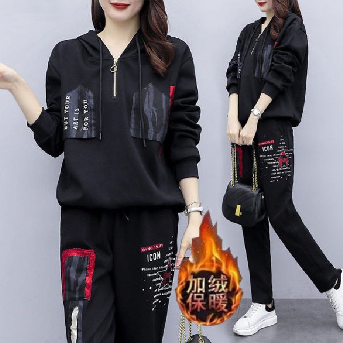 Fleece-lined thickened chubby girl autumn and winter clothing 2024 new casual sportswear suit womens plus size loose hooded two-piece suit Black