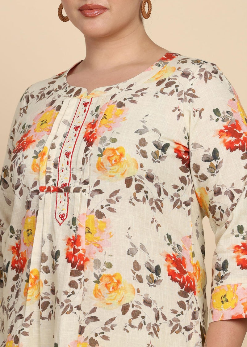 Yash Gallery Women's Cotton Slub Floral Print Calf Length Mandarin Collar 3/4th Sleeve Straight Kurta With Pant (Multi, XXL) - Image 4