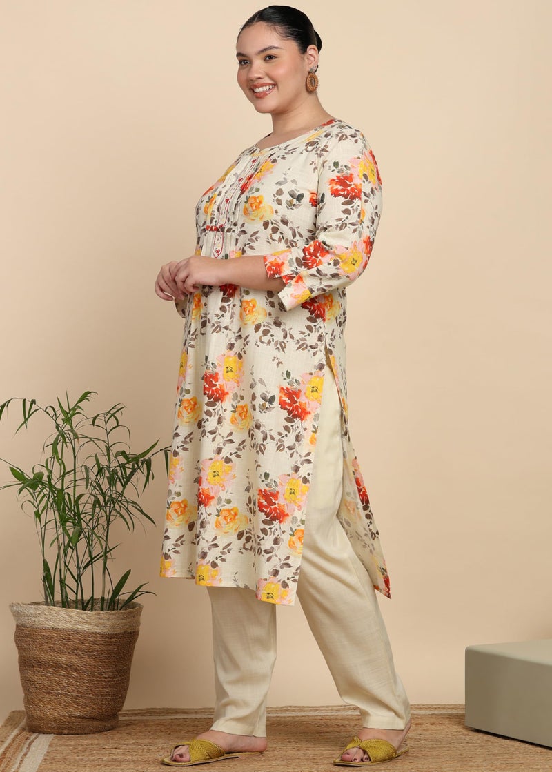 Yash Gallery Women's Cotton Slub Floral Print Calf Length Mandarin Collar 3/4th Sleeve Straight Kurta With Pant (Multi, XXL) - Image 3