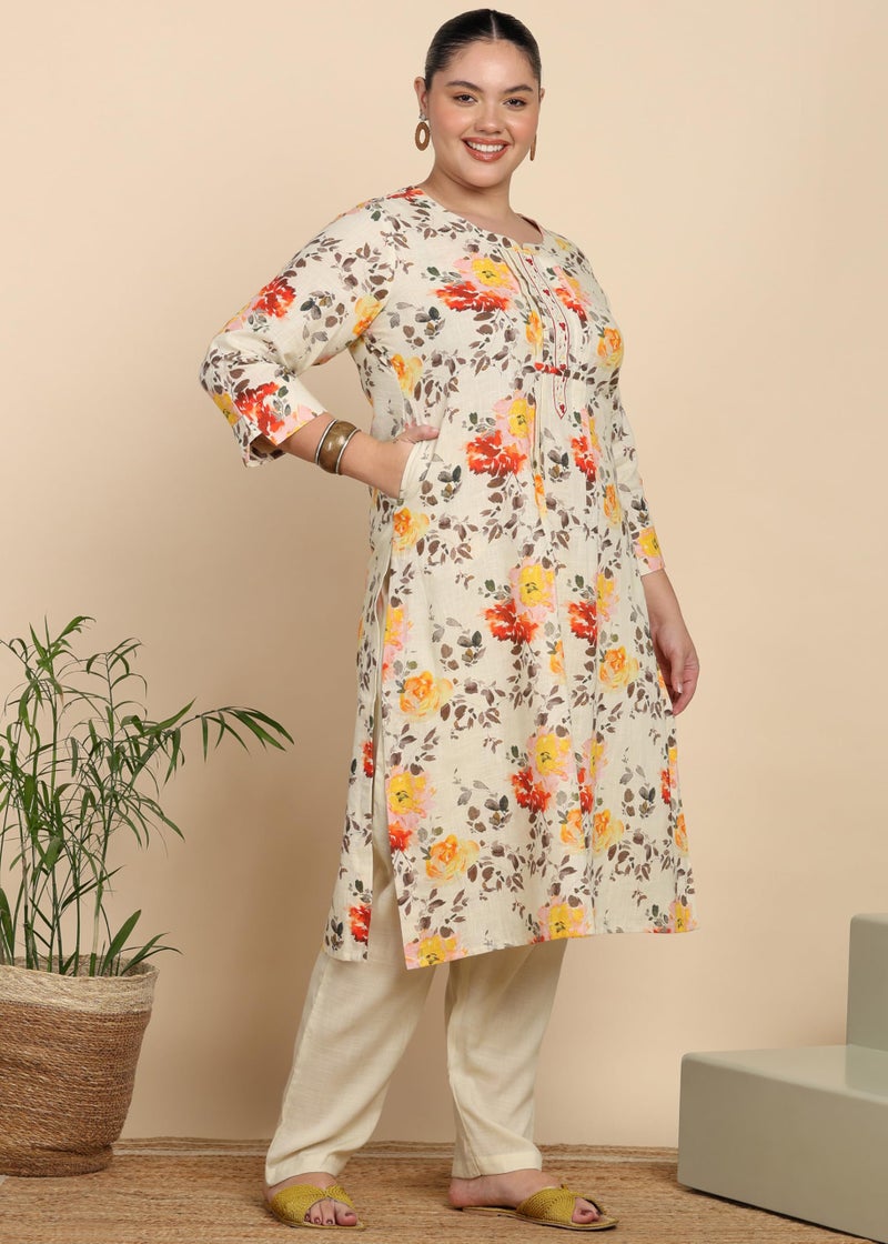Yash Gallery Women's Cotton Slub Floral Print Calf Length Mandarin Collar 3/4th Sleeve Straight Kurta With Pant (Multi, XXL) - Image 2