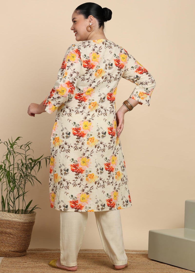 Yash Gallery Women's Cotton Slub Floral Print Calf Length Mandarin Collar 3/4th Sleeve Straight Kurta With Pant (Multi, XXL) - Image 5