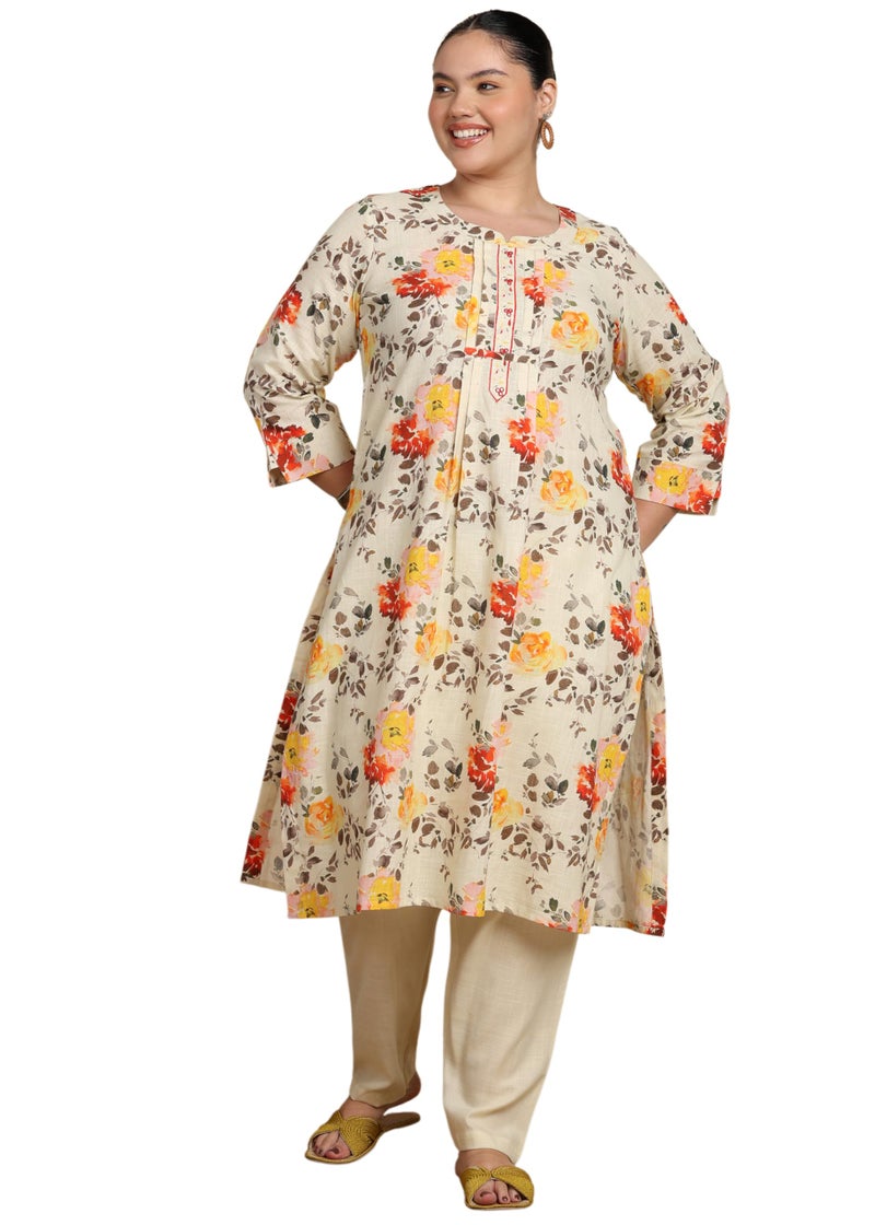 Yash Gallery Women's Cotton Slub Floral Print Calf Length Mandarin Collar 3/4th Sleeve Straight Kurta With Pant (Multi, XXL) - Image 1