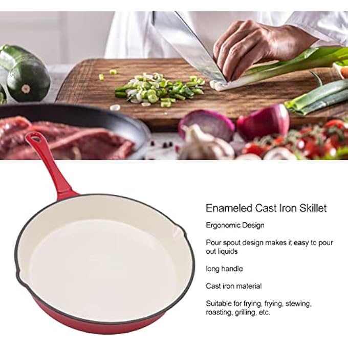rayihni Enameled Cast Iron Skillet Long Handle Pour Spout Pre Seasoned 12 Inch Frying Pan With Lid Indoor Outdoor Use Oven Cookware Grill Bbq Fire Stovetop Induction - Image 3