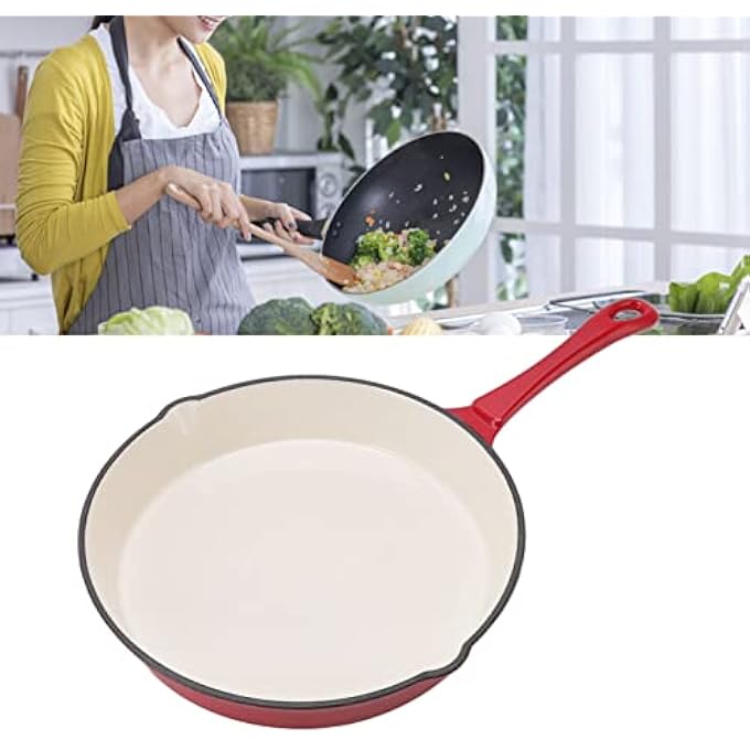 rayihni Enameled Cast Iron Skillet Long Handle Pour Spout Pre Seasoned 12 Inch Frying Pan With Lid Indoor Outdoor Use Oven Cookware Grill Bbq Fire Stovetop Induction - Image 4