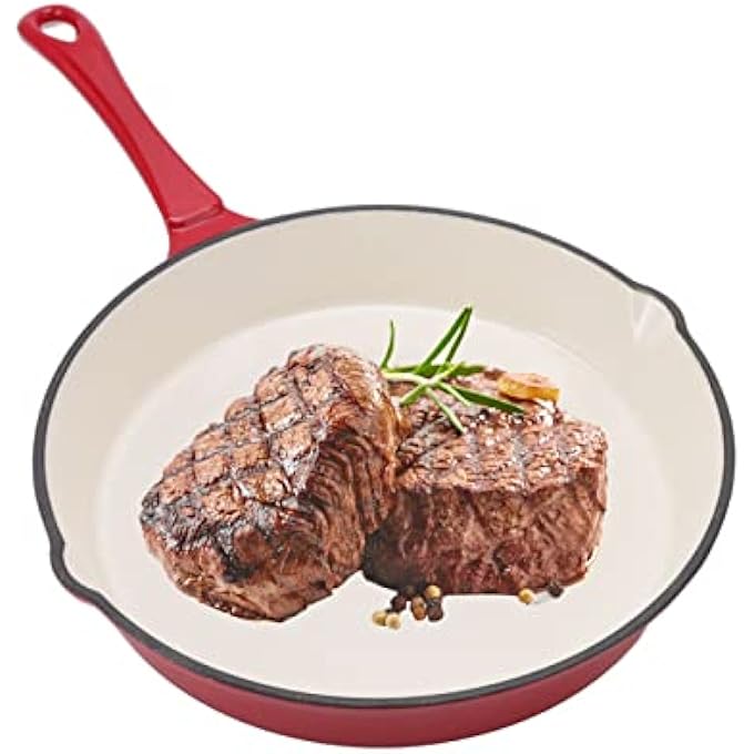 rayihni Enameled Cast Iron Skillet Long Handle Pour Spout Pre Seasoned 12 Inch Frying Pan With Lid Indoor Outdoor Use Oven Cookware Grill Bbq Fire Stovetop Induction - Image 2
