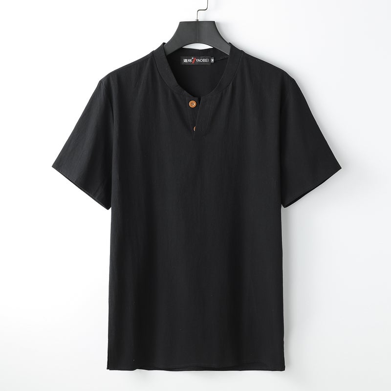 Linen Short-Sleeved T-Shirt Men's Summer Thin Chinese Style Tang Suit Loose Large Size Cotton and Linen Half-Sleeved T-Shirt Top - Image 1