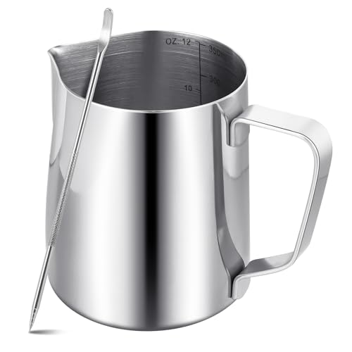 Milk Frother Jug Coffee Machine350ml12oz 304 Stainless Steel Milk Pitcher Cup with Decorating PenMetal Barista Accessories Cappuccino Latte and EspressoDishwasher Safe