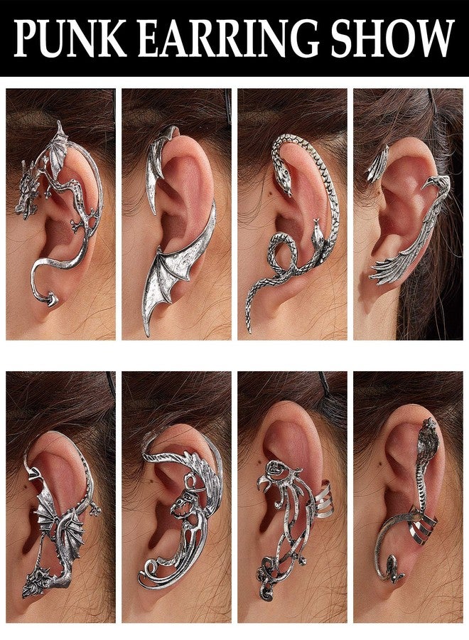 Hicarer 8 Pcs Punk Earrings Dragon Ear Cuff Vintage Retro Snake Bat Crow Ear Climber Earrings Gothic Ear Clip Wrap for Women Men Party Dress - Image 3