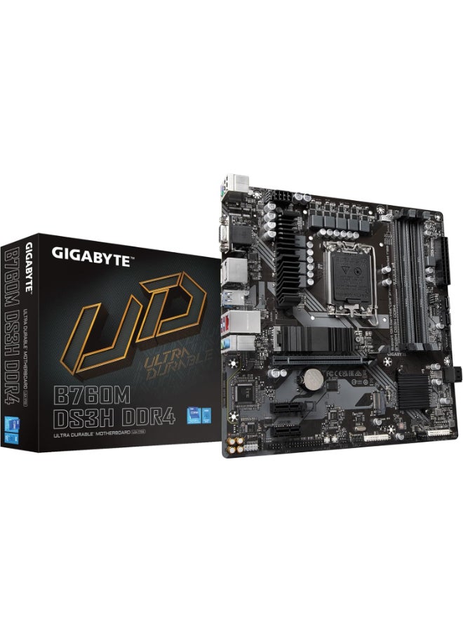 GIGABYTE B760M DS3H DDR4 (LGA 1700/ Intel/ B760/ M-ATX/ DDR4/ Dual M.2/ PCIe 4.0/ USB 3.2 Gen 2 Type-C/ 2.5GbE LAN/Q-Flash Plus/PCIe EZ-Latch/Gaming Motherboard) - Image 1