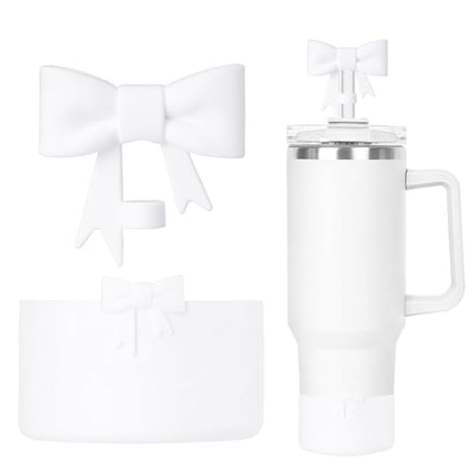 Bow Silicone Protective for Stanley Boot for 20/30/40Oz, Bow Straw Cover Topper for Stanley Cup 10mm/0.4in, 2 Pack Cup Accessories Compatible 12-24Oz for Hydroflask Boot and More (White Set)