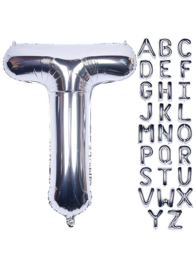 جولد إيدج بالونات هيليوم فضية عملاقة مقاس 32 بوصة على شكل حرف T من رقائق معدنية، بالون مايلر كبير واحد، زينة حفلات أعياد الميلاد، مستلزمات حفلات استقبال المولود الجديد (فضي T) - Image 1