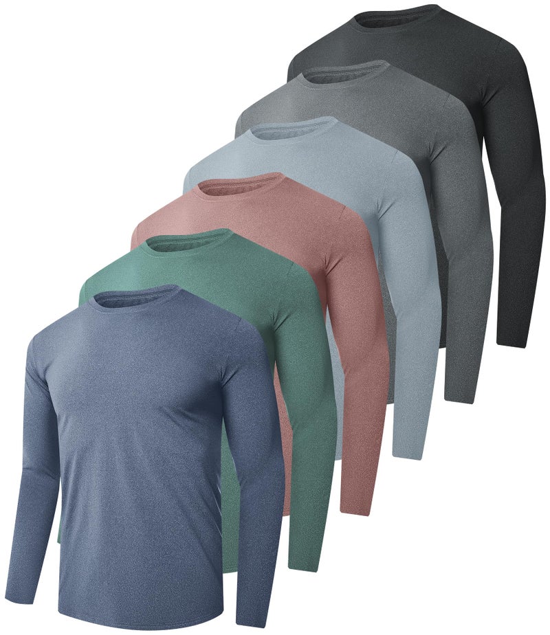 Kinglaman 6 Pack Men Dry Fit Workout Long Sleeve Athletic Gym UPF 50+ SPF UV Sun Protection Quick Dry Lightweight Shirts 1 Black 1 Gray 1 Heather Gray 1 Blue 1 Red 1 Green Medium - Image 1