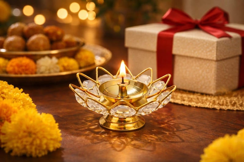 MISAA URNS Brass Crystal Bowl Round Shape Akhand Kamal Diya Oil Lamp for Mandir Temple Pooja Articles Decor Diwali Decoration Items for Home (Pack of 8) - Image 5