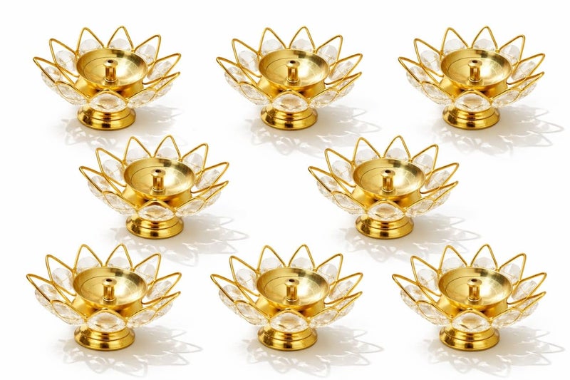 MISAA URNS Brass Crystal Bowl Round Shape Akhand Kamal Diya Oil Lamp for Mandir Temple Pooja Articles Decor Diwali Decoration Items for Home (Pack of 8) - Image 1