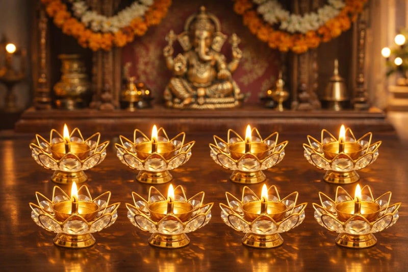 MISAA URNS Brass Crystal Bowl Round Shape Akhand Kamal Diya Oil Lamp for Mandir Temple Pooja Articles Decor Diwali Decoration Items for Home (Pack of 8) - Image 2