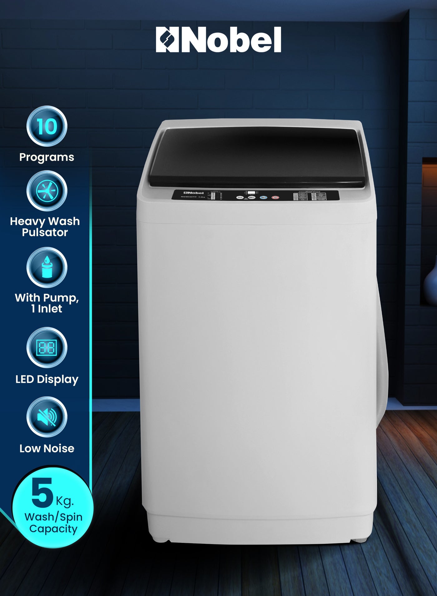 5.0 Kg Fully Automatic Top Load Washing Machine with LED Display, 10 Wash Programs, Stainless Steel Drum, Child Lock, Fuzzy Logic, and 750 RPM Spin Speed – Aluminum Motor, Plastic Body, 400W Power Input, Adjustable Feet, and Cycle End Buzzer for Efficient and Hassle-Free Laundry Experience 5 L 400 W NWM650TW White