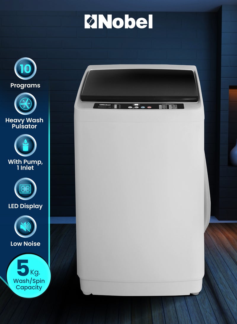 نوبل غسالة ملابس أوتوماتيكية بالكامل سعة 5.0 كجم تحميل علوي مع شاشة LED، 10 برامج غسيل، أسطوانة من الفولاذ المقاوم للصدأ، قفل للأطفال، منطق ضبابي، وسرعة دوران 750 دورة في الدقيقة - محرك من الألمنيوم، هيكل بلاستيكي، مدخل طاقة 400 واط، أقدام قابلة للتعديل، وجهاز إنذار نهاية الدورة لتجربة غسيل فعالة وخالية من المتاعب. - Image 1