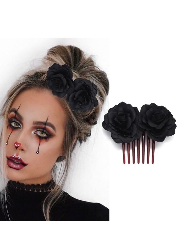 KASTWAVE Black Flower Hair Comb Rose Flower Wedding Hair Pieces Floral Headpiece Hair Dress Bridal Festival CostumeHair Pins for Women and Girls - Image 3