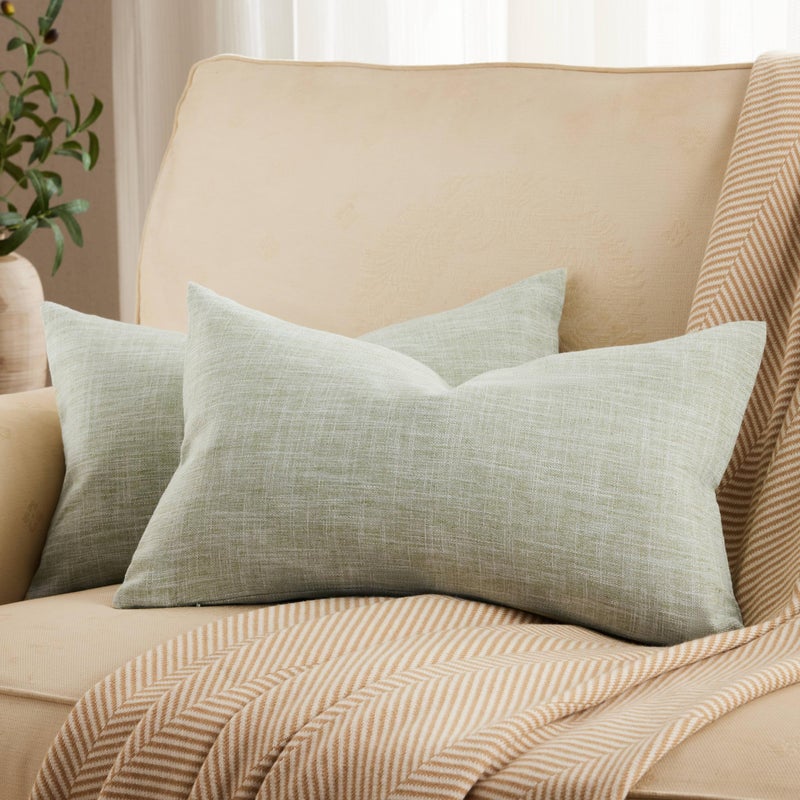 ZeeMart Rustic Cotton Linen Lumbar Throw Pillow Covers Set of 2, 12x20 Inch Green, Farmhouse Style Decorative Couch Pillow Cases Sage Green Cushion Covers for Sofa Bed Living Room Home Decor - Image 1
