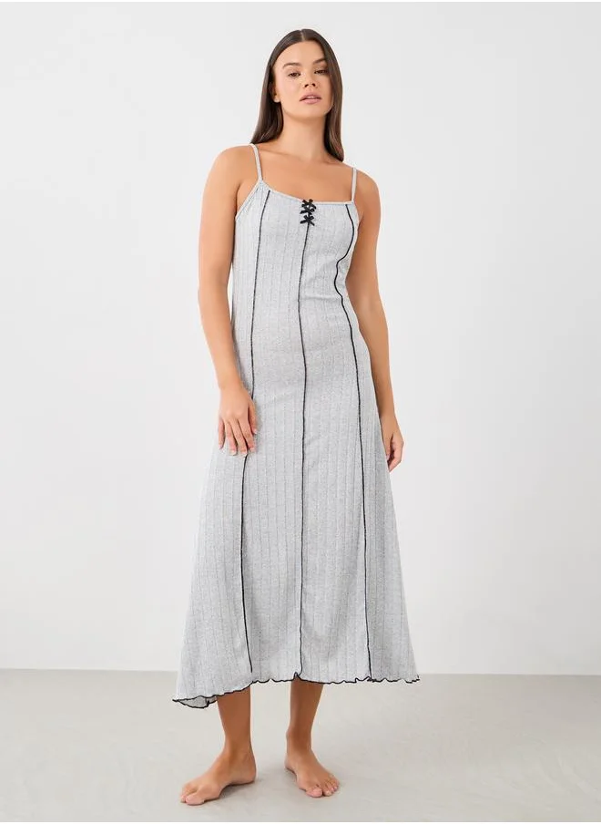 ستايلي Styli Ribbed Contrast Lettuce Hem Slip Dress with Bow Detail