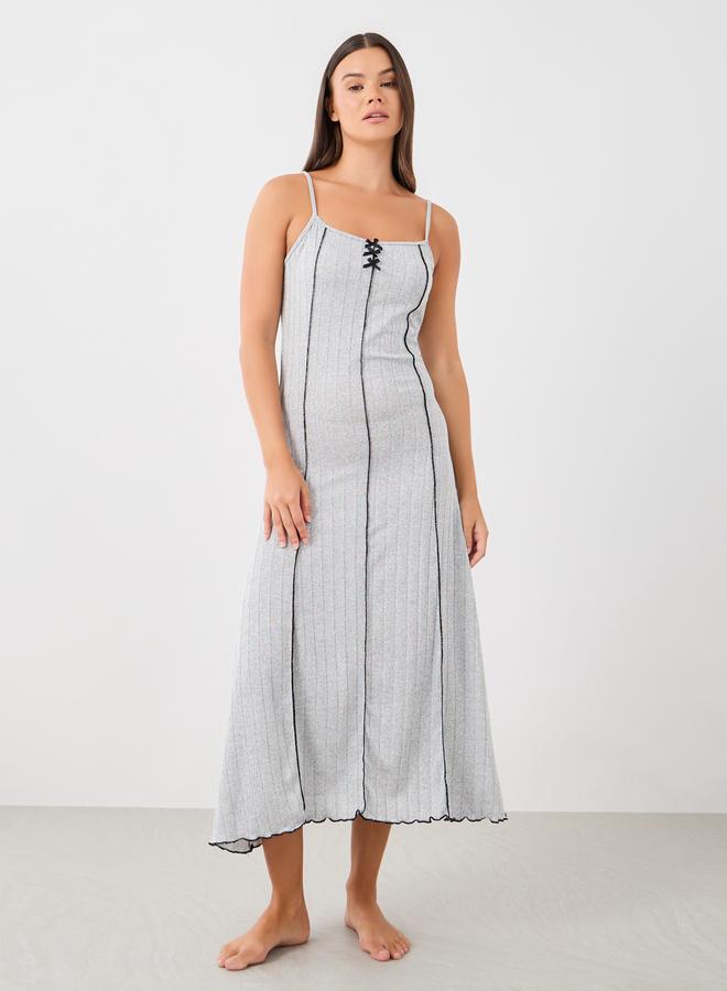 Styli Styli Ribbed Contrast Lettuce Hem Slip Dress with Bow Detail  - Image 1