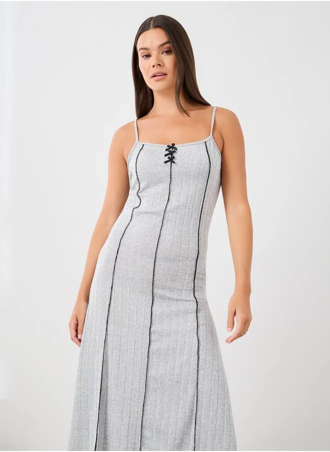 ستايلي Styli Ribbed Contrast Lettuce Hem Slip Dress with Bow Detail
