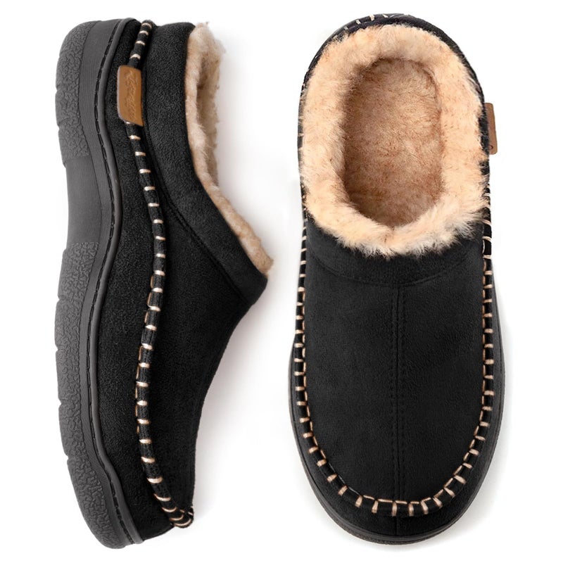 Zigzagger Men's Slip On Moccasin Slippers, Indoor/Outdoor Warm Fuzzy Comfy House Shoes, Fluffy Wide Loafer Slippers,Black, 10.5 D(M) US - Image 1