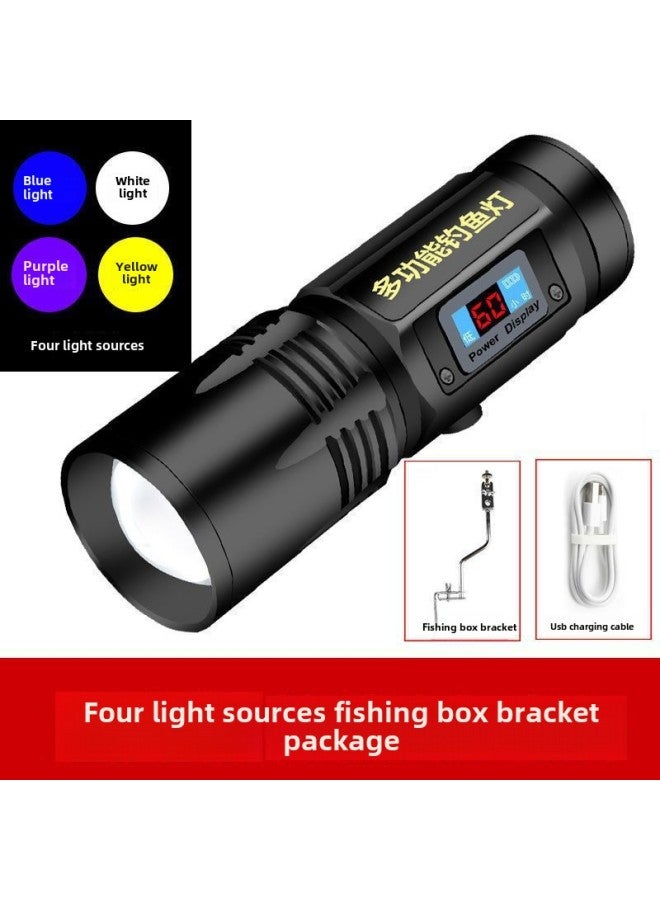 Four-light Source Zoom Fishing Lamp Purple Light Fishing Lamp Charged Display Strong Light Flashlight Charging High-power Night Fishing Lamp 99-Color:No. 1 Black Hawk Four Light-Fishing Box Rack - Image 1