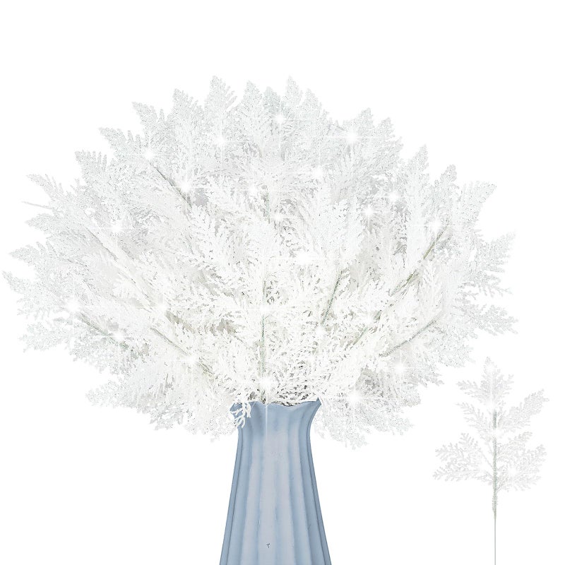 Cindeer 100 Pcs Christmas Tree Picks Sprays 10.24 Inch Glitter Artificial Pine Leaves Cedar Stems Faux Pine Needles Greenery Cedar Branches Ornament for Home Garland Wreath Winter Decor(White) - Image 1