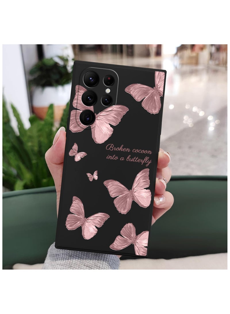 غطاء هاتف Samsung Galaxy S22 Ultra، تصميمات أنيقة بنقشة الفراشة من السيليكون الناعم للحماية من السقوط والبصمات، مناسب للنساء والفتيات، لهاتف Samsung S22 Ultra - اللون: أسود بنقشة الفراشة - Image 2